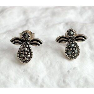 Tiny Angel Marcasite Accented Stud Sterling Silver 925 Post Back Earrings